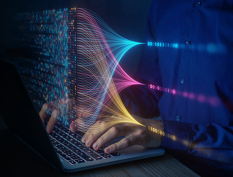 hands on keyboard with digitized lines