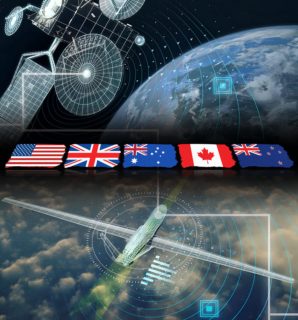 collage of spacecraft, aircraft and flags of allys