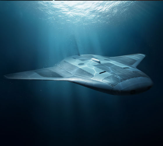 Manta Ray water craft under water with surface light shining through.