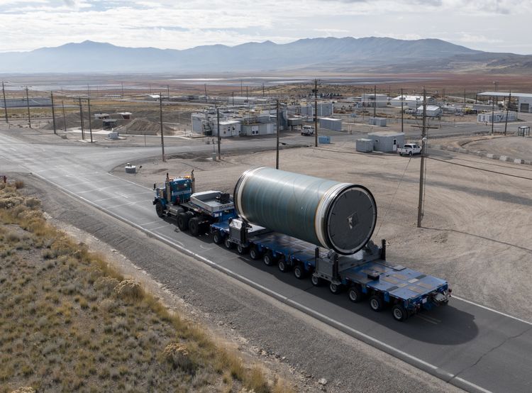 A Booster Obsolescence and Life Extension motor segment is transported to final assembly ahead of its first demonstration test scheduled for late 2024. (Photo Credit: Northrop Grumman) Northrop Grumman Completes First BOLE Solid Rocket Motor Segment for NASA’s Space Launch System