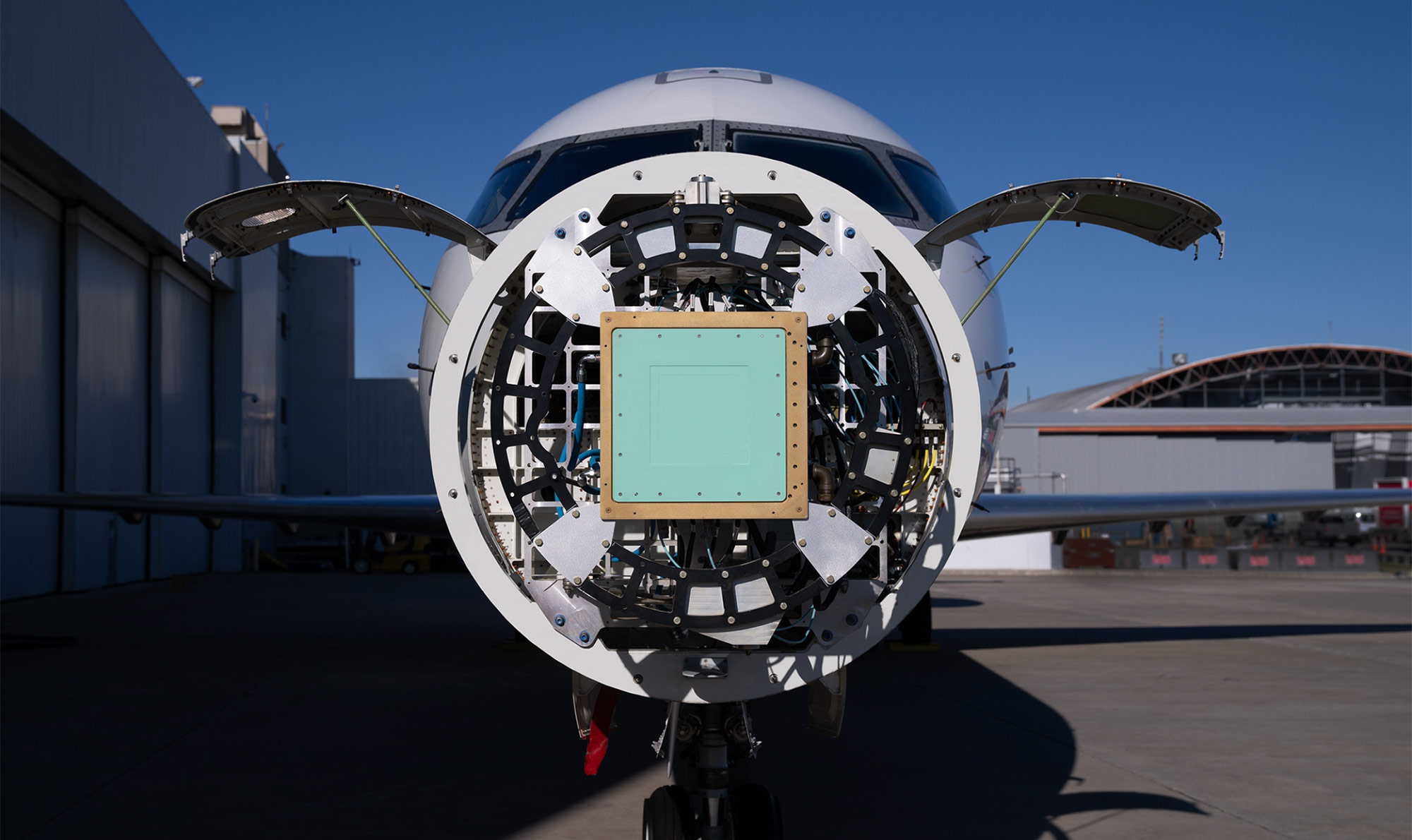 Valen Flight Test Front view of an aircraft engine showcasing advanced aerospace technology and engineering components.
