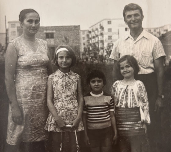 black and white photo of family in Romania