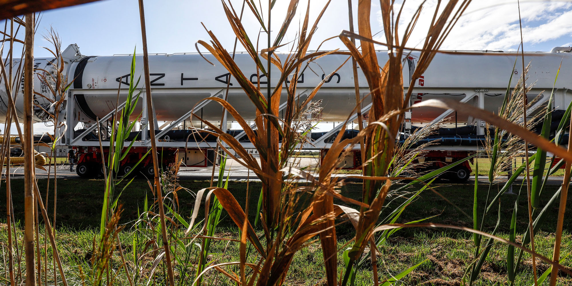 Green plants only allow a peek of the Antares Rocket as it is transported to the launchpad in Wallops Island, Virginia