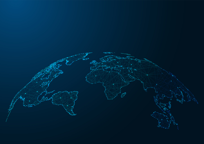 Modern world map made of lines and dots on dark blue background. Northrop Grumman Joins Hosted Payloads Alliance to Further Help Address Global Security Needs