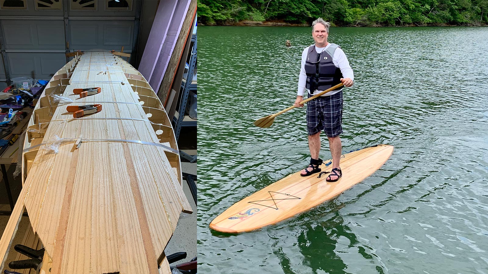 Photo of a man standing on a paddleboard on a river